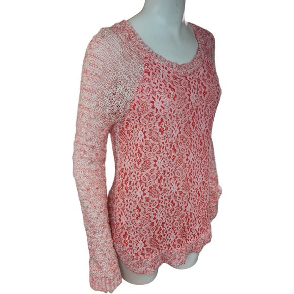 Cloud Chaser Size Large Pink White Open Knit Floral Lace Long Sleeve Sweater - Picture 11 of 13